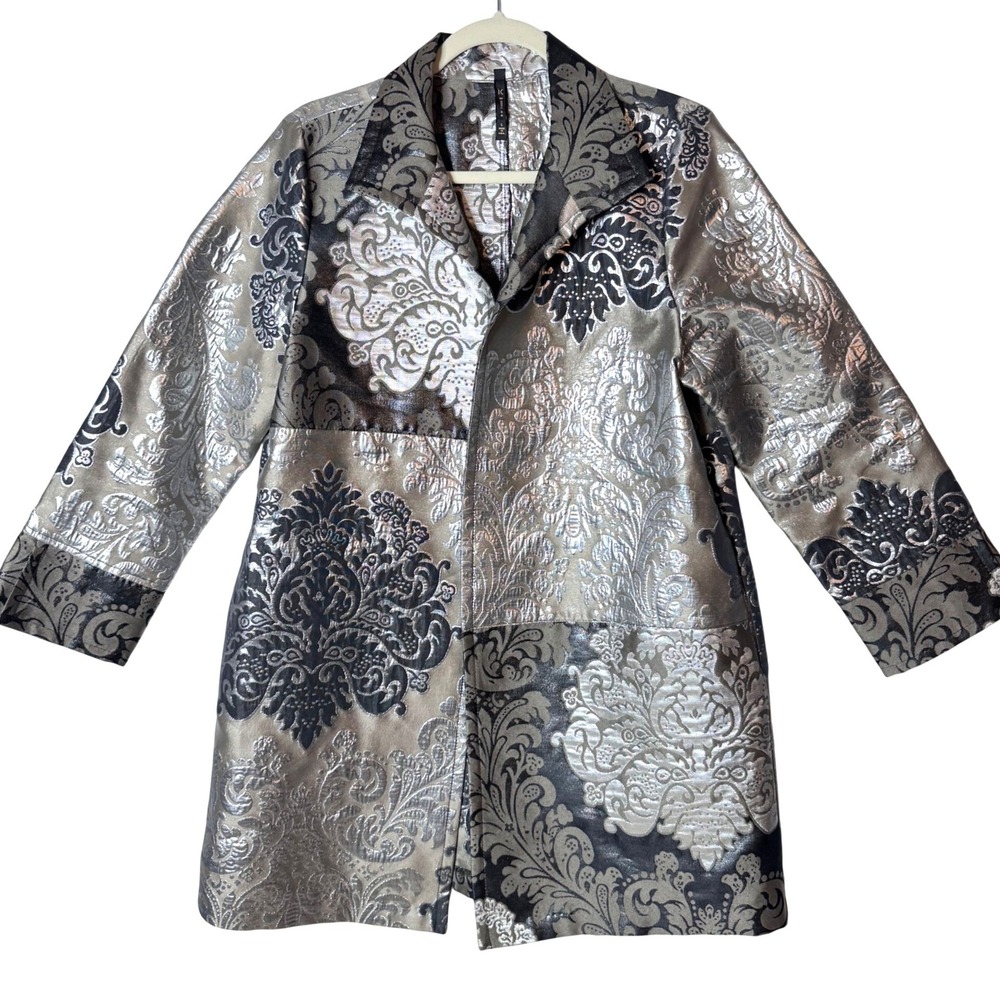 IC by Connie K Brocade Duster Style Jacket L Metallic Silver Open Artsy Art Wear